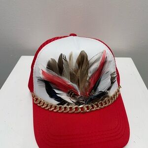 Red Feather Embellished Cap with Gold Chain